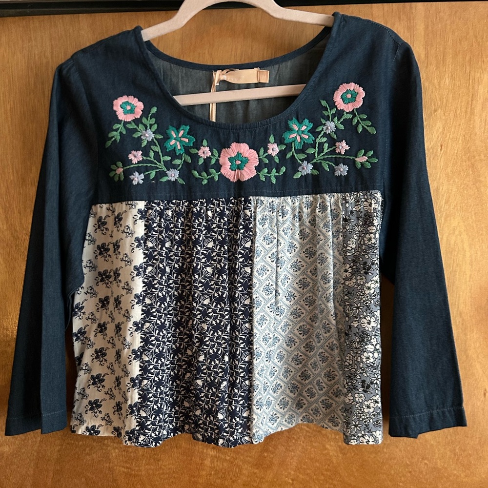 La Cera | Rayon Denim Embroidered Top